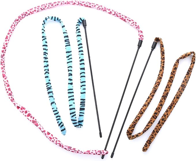 IUHKBH Cat Wand Toys, 3 PCS Flexible Cat String Wand Leopard Ribbon Cat Teaser Wand Cat Wands for Cat Training Exerciser