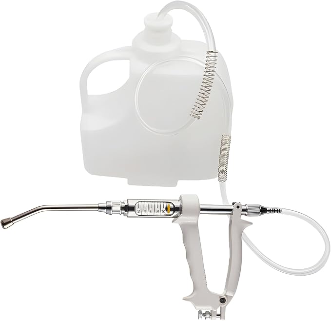 10ML Veterinary Metal Feeding Gun, Continuous Drench Gun Dosing Device Veterinary Adjustable Medicine Dispenser Husbandry Autonomous Feeding Tool, for Pig Cow, Sheep, Horse (White Color, 10ML+Kettle)