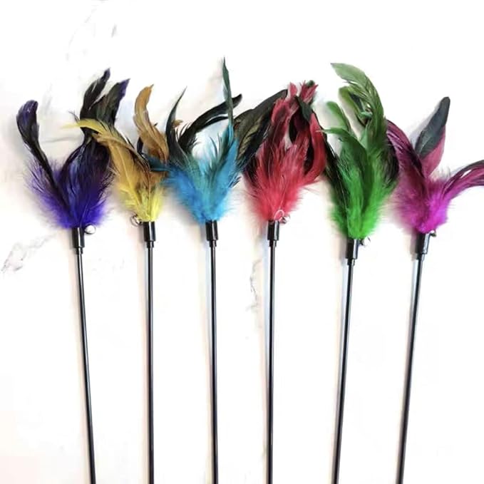 IUHKBH Cat Wand Toys, 6 PCS Interactive Cat Teaser Wand Cat Feather Toys with Bell for Indoor Cats, Kitties