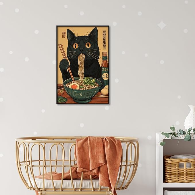 Japanese Cat Canvas Wall Art Funny Black Cat Posters Vintage Cute Cat Eating Ramen Noodles Print Kawaii Animal Food Kitchen Art Painting For Dining Living Room Bedroom Decor 12x16in Black Framed