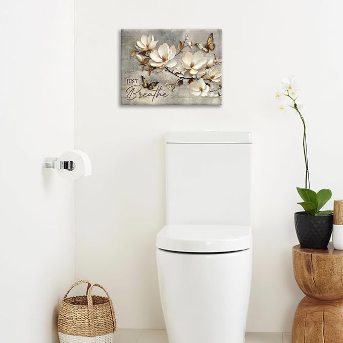 Floral Magnolia Bathroom Pictures Wall Art, Just Breathe Bathroom Wall Decor, Flower Butterfly Framed Painting Canvas Artwork for Bedroom Living Room Decorations 20"L x 16"W