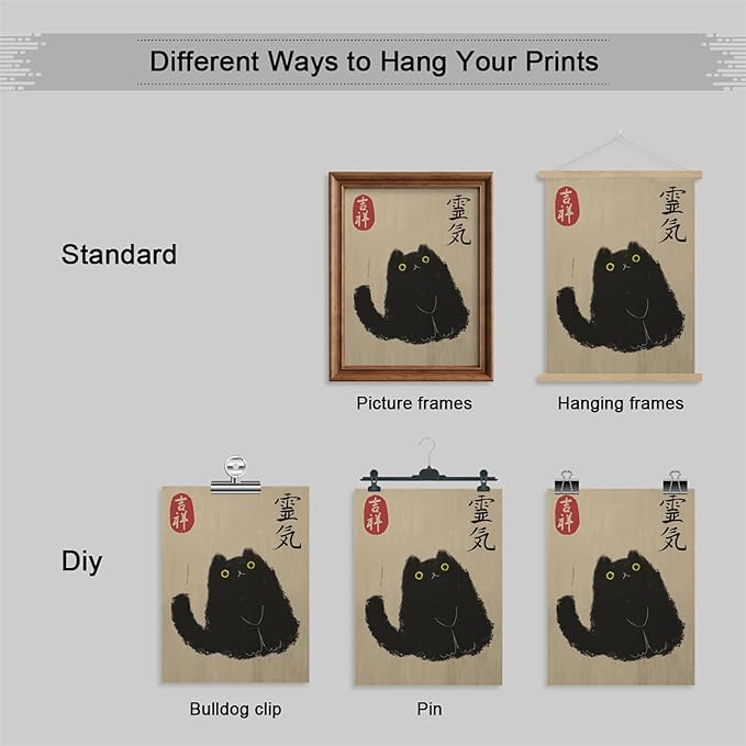 Japanese Black Cat Art Print, Vintage Canvas Wall Art, Cat Lovers Gift, Cute Painting, Funny Animal Picture for Living Room Bedroom 24x36in Unframed