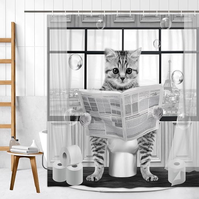 Cute Cat Shower Curtain,Funny Cat Reading on ToiletShower Curtain Set,Black White Grey Fabric Shower Curtains for Bathroom with Hooks 36X72inches