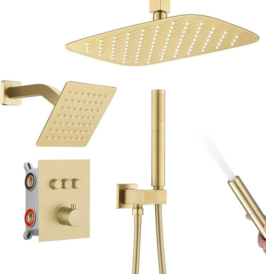12 Inch Rain Shower System, Brushed Gold Shower Faucet Set with Push Button Diverter, 6 Inch Wall Mounted 3-Functions Bathroom Shower Systems with Dual-Function Handheld (Thermostatic, Gold Brushed)