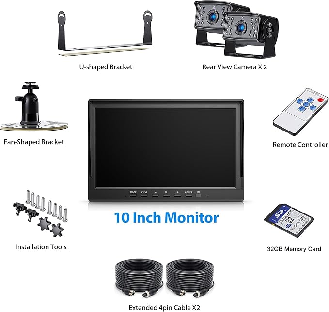10" HD Backup Camera System Kit, Loop Recording Large Monitor with Wired Rear View Camera, IR Night Vision Waterproof Camera with Safe Parking Lines for Bus, Semi-Truck, Trailer, RV, BY102A