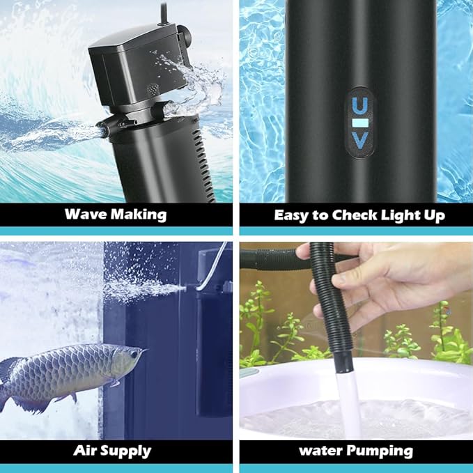 Aquarium Filter for 100-400 Gallon Tank, U-V Fish Tank Green Clean Machine Submersible Powerful Pump Canister Filter 600GPH for Pond Turtle Tank Saltwater Freshwater Crystal Clear Green Killing