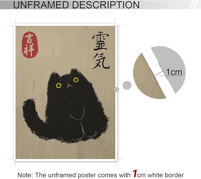 Japanese Black Cat Art Print, Vintage Canvas Wall Art, Cat Lovers Gift, Cute Painting, Funny Animal Picture for Living Room Bedroom 24x36in Unframed