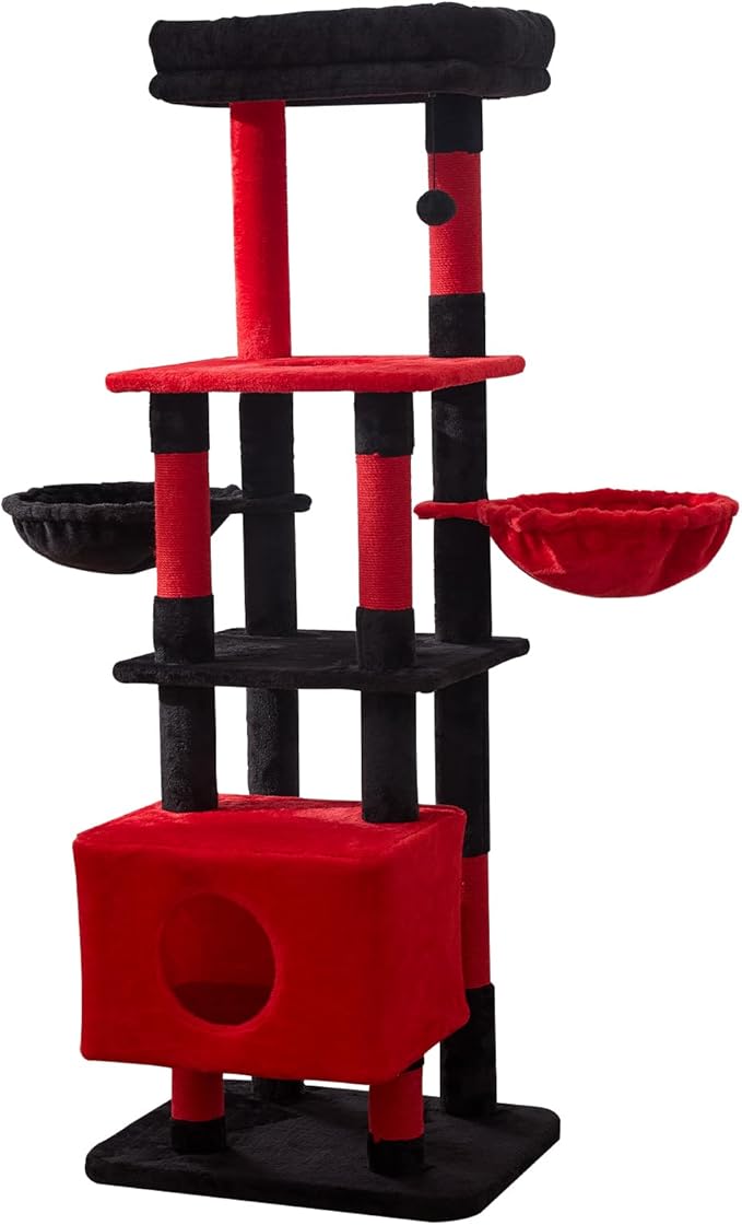 Gardner Pet 65in Heavy Duty Cat Tree Tower for Large Cats, Multi-Level Cat Furniture with Replaceable Sisal Scratching Post, Hammock | Extra-Large Platform & Condo (Black Red, Basic φ:2.84")