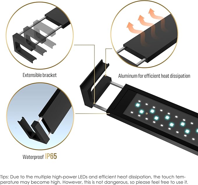 GLOWRIUM Smart Aquarium Light, Bluetooth + WiFi Dual Control Freshwater Fish Tank Light with App, Multi-preset Spectrum, Brightness Adjustable, Anti-Drop, Real Time Water Temperature Sensor (48-60 in)
