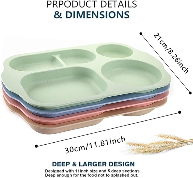 12 Inch Divided Plates4 PCS - Reusable Unbreakable Wheat Straw Plates, Dinnerware Lunch Tray Plates Tableware for Kitchen, Picky Eaters, Campers and Portion Control (Blush)