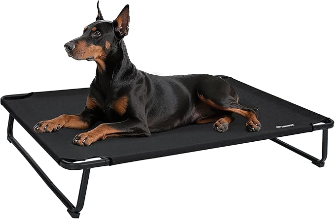 Elevated Dog Beds, Extra Large Raised Dog Cots Outdoor Cooling Dog Bed Waterproof Stable and Easy Assembly, Teslin Fabric with 1.2mm Thick Iron Frame, Breathable, Ultra-Sturdy,Black, 54*37*8.7