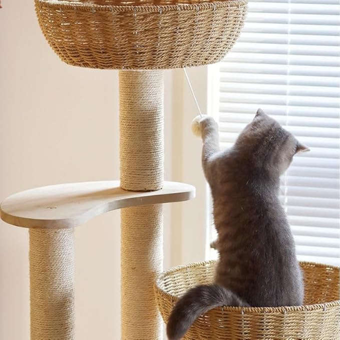 54" Large Modern Cat Trees, Luxury Rattan Oak Solid Wood Cat Trees Towers,3 Weaving Cat Nests & Washable Cool Cushions, Sisal Scratching Posts,Cat Condo for Indoor Cats- Wood Wax Oil Version