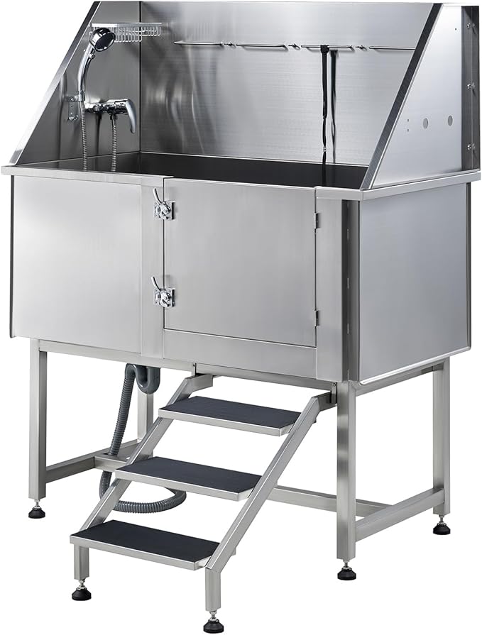 Albott 50 Inch Stainless Steel Dog Washing Station with Non-Slip Steps, Sprayer, Faucet, Soap Box – Professional Pet Bathtub for Small and Medium Pets, Use at Home, Garage, or Grooming (Right Door)