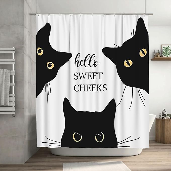 Jakayla Black Cat Shower Curtain - Funny and Cute Bathroom Decor, White, 72x72 Inches With 12 Plastic Hooks