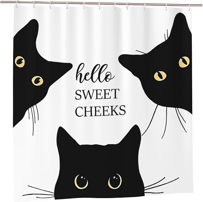 Jakayla Black Cat Shower Curtain - Funny and Cute Bathroom Decor, White, 72x72 Inches With 12 Plastic Hooks