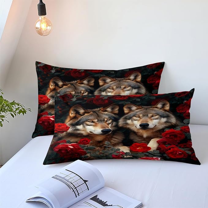 Wolf Comforter Set Queen Size Red Rose Wolves Bedding Set Wild Animal Bedding Sets Black Floral Animals Comforters 3 Piece Soft Down Alternative Comforter Sets for Girls Boys Kids Teens
