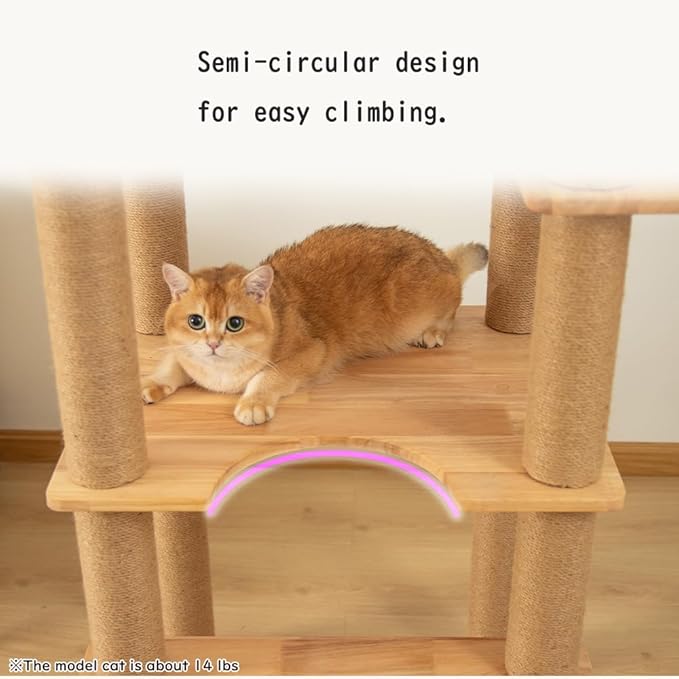 74.8" Wooden Cat Tree Tower for Large Cats, Multi-Level Cat Climbing Furniture with Scratching Posts, Cat Condo & Hammock, Natural Wood Cat Activity Center (Brown)