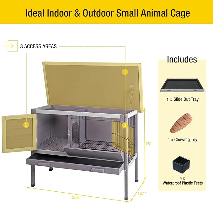 Aivituvin Outdoor Rabbit Hutch, Wooden Bunny Cages Indoor with Deeper Leakproof Tray - Upgrade with Metal Wire Pan