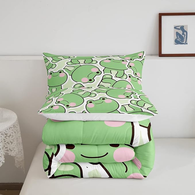 Cute Frog Comforter Set King Size, Kawaii Frog Bedding Set For Kids Boys Girls Teens, Green Wild Animals Farmhouse Down Comforter, Wildlife Rustic Funny 3Pcs Quilted Duvet All Season Bedroom Decor