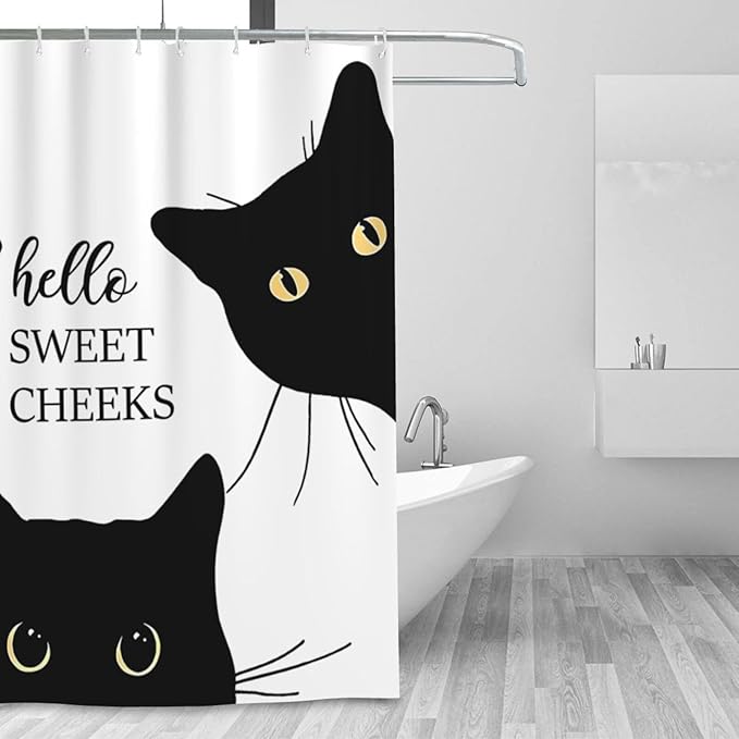 Jakayla Black Cat Shower Curtain - Funny and Cute Bathroom Decor, White, 72x72 Inches With 12 Plastic Hooks