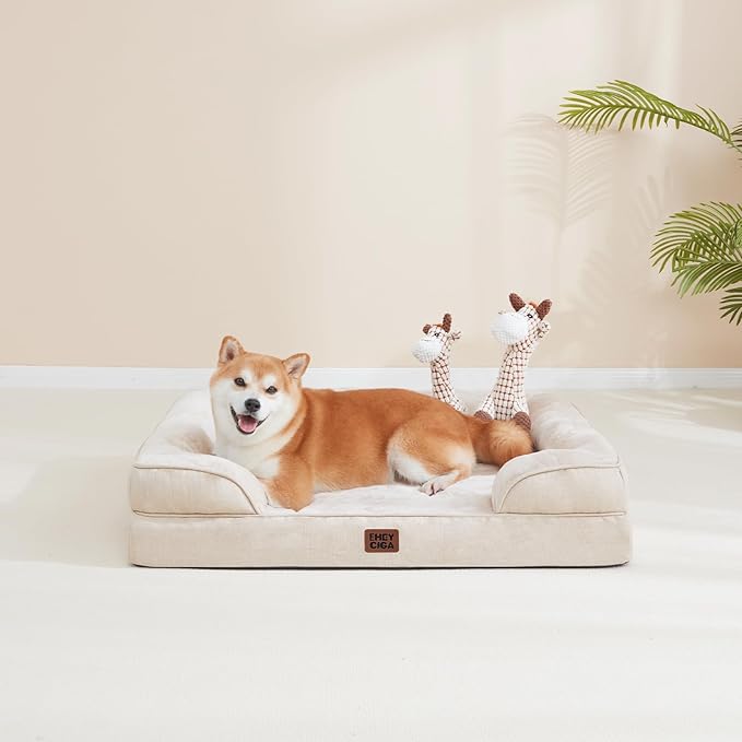 EHEYCIGA Orthopedic Dog Bed for Small Dogs, Waterproof Memory Foam Small Dog Beds with Sides, Non-Slip Bottom and Egg-Crate Foam Medium Pet Couch Bed with Washable Removable Cover, Beige