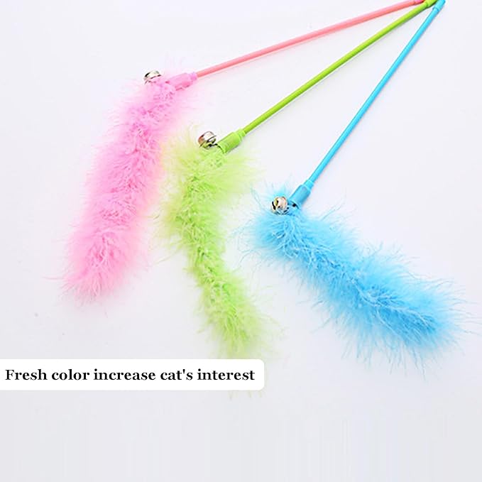 IUHKBH Cat Wand Toys, 3 PCS Interactive Cat Feather Toys Colorful Cat Teaser Wand with Bell for Cats and Kitties