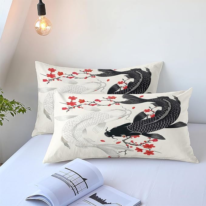 Japanese Bedding Twin Size Asian Oriental Comforter Black White Fish Bed Set Red Cherry Blossom Comforters Vintage Bedroom Decor Floral Bedding Set for Women Men Teen