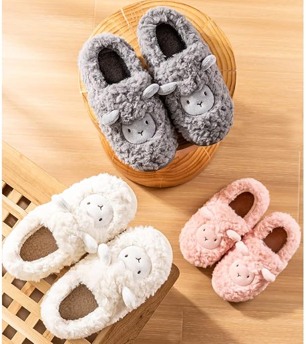 JadeRich Women's Cute Animal Slippers Winter Warm Fuzzy Plush House Slipper Cartoon Sheep Indoor Shoes