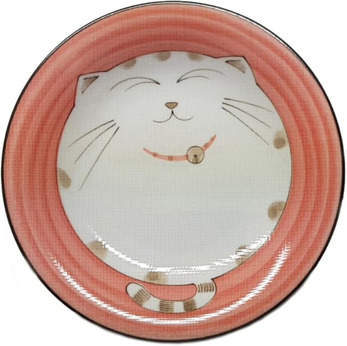 JapanBargain 2476, Set of 2 Japanese Round Porcelain Appetizer Plate for Dessert Cake Snack Maneki Neko Smiling Lucky Cat Pattern for Cat Lovers Made in Japan, 6.5-inch, Pink