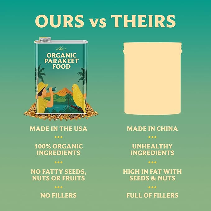 100% Organic Parakeet Food – Premium Bird Seed Mix with Oat Groats, Buckwheat, Amaranth, Super Veggies & Seeds – Reusable Tin + Stainless-Steel Scooper – Made in USA, Human Grade Ingredients (2lb)