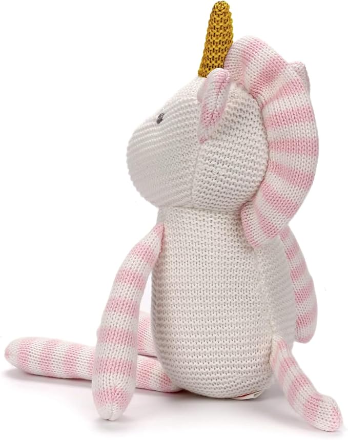 100% Organic Cotton Baby Stuffed Animal, Pink Unicorn Plush for Newborn 7.1"