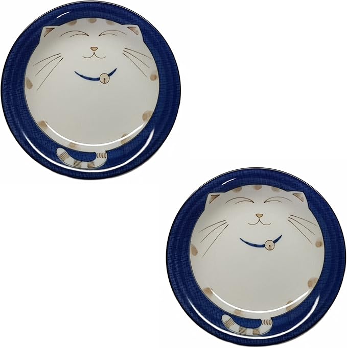 JapanBargain 2565, Set of 2 Japanese Round Porcelain Dinner Plates for Appertizer Dessert Cake Snack Maneki Neko Smiling Lucky Cat Pattern for Cat Lovers 7-3/4 inch, Made in Japan