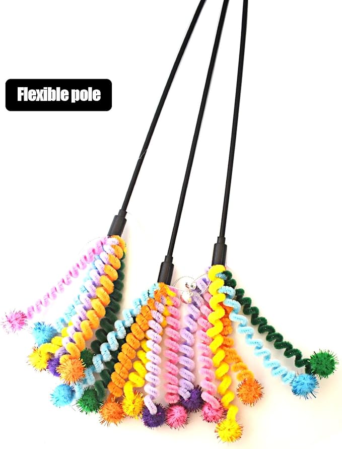 IUHKBH Cat Wands, 3 PCS Cute Cat Teaser Toy with Colorful Spring and Soft Ball Interactive Cat Toys with Bell for Cat and Kitten