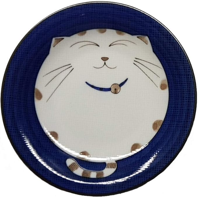JapanBargain 2560, Set of 2 Japanese Round Porcelain Appetizer Plate for Dessert Cake Snack Maneki Neko Smiling Lucky Cat Pattern for Cat Lovers, Made in Japan, 6.5-inch, Blue Color