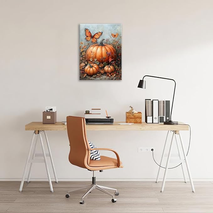 Fall Pumpkin Pictures Wall Art, Rustic Thanksgiving Bathroom Wall Decor, Farmhouse Autumn Butterfly Framed Painting Canvas Artwork for Harvest Gift Bedroom Living Room Decorations 20"L x 16"W