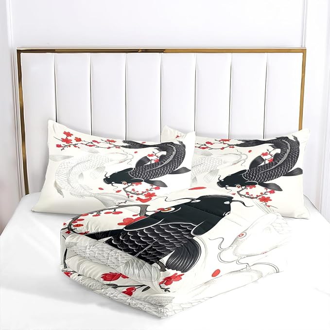 Japanese Bedding Twin Size Asian Oriental Comforter Black White Fish Bed Set Red Cherry Blossom Comforters Vintage Bedroom Decor Floral Bedding Set for Women Men Teen