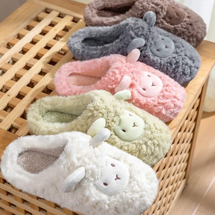 JadeRich Women's Cute Animal Slippers Winter Warm Fuzzy Plush House Slipper Cartoon Sheep Indoor Shoes