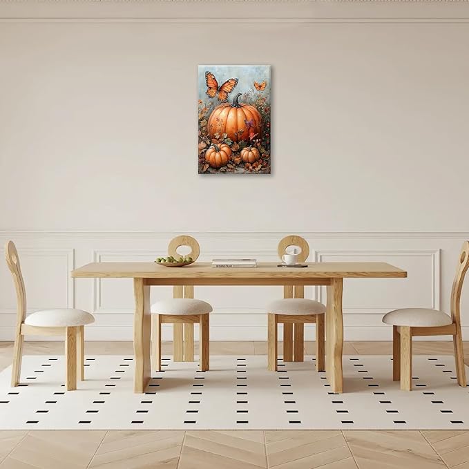 Fall Pumpkin Pictures Wall Art, Rustic Thanksgiving Bathroom Wall Decor, Farmhouse Autumn Butterfly Framed Painting Canvas Artwork for Harvest Gift Bedroom Living Room Decorations 24"L x 16"W