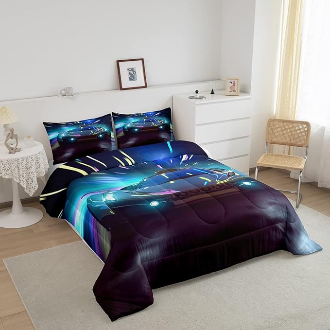 Erosebridal Race Car Bedding Set Queen Size Boys Extreme Sports Comforter Set for Kids Young Man Cool Car Comforter Car Sports Theme Quilt Set for All Season 1 Comforter Set with 2 Pillowcases