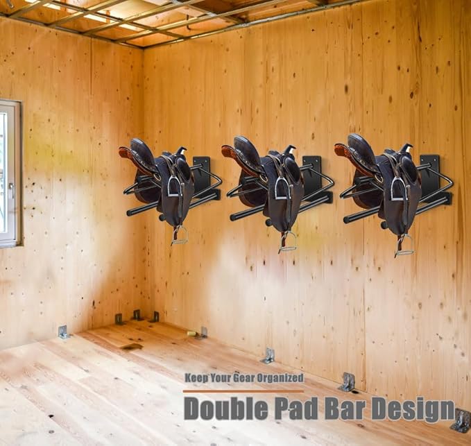 4 Sets Wall Mounted Saddle Rack With Double Pad Bar - Heavy Duty Stand for English and Western Saddles - 23.8x12.6x7.5 Inches