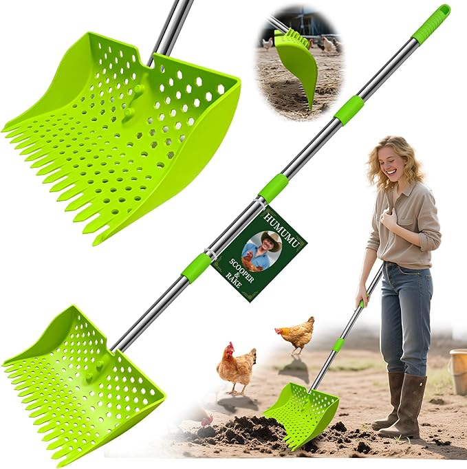 12-Inch 2-in-1 Chicken Poop Scooper & Rake – US Patent Pending – 3-Shape Sifting Holes Chicken Coop Rake,Stainless Steel Handle (20–61")– Litter Scoop Sand & Sifting Shovel for Chicken Coops(Green)