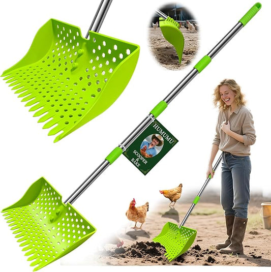 12-Inch 2-in-1 Chicken Poop Scooper & Rake – US Patent Pending – 3-Shape Sifting Holes Chicken Coop Rake,Stainless Steel Handle (20–61")– Litter Scoop Sand & Sifting Shovel for Chicken Coops(Green)
