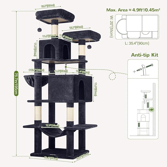 Globlazer Cat Tree Tower, 76-Inch Extra Tall Multi-Level Cat Furniture with Cozy Condos, Hammock and Perches for Adult Cats, Perfect for Climbing, Scratching, and Play, F76, Dark Grey