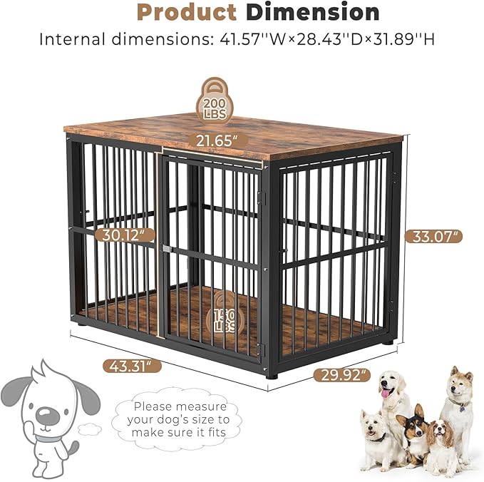 43'' Dog Crate Furniture with 3 Doors, XL Wooden Crate End Table Heavy Duty Indoor Puppy Cage for Medium to Large Dogs, Multiple Units Can be Combined
