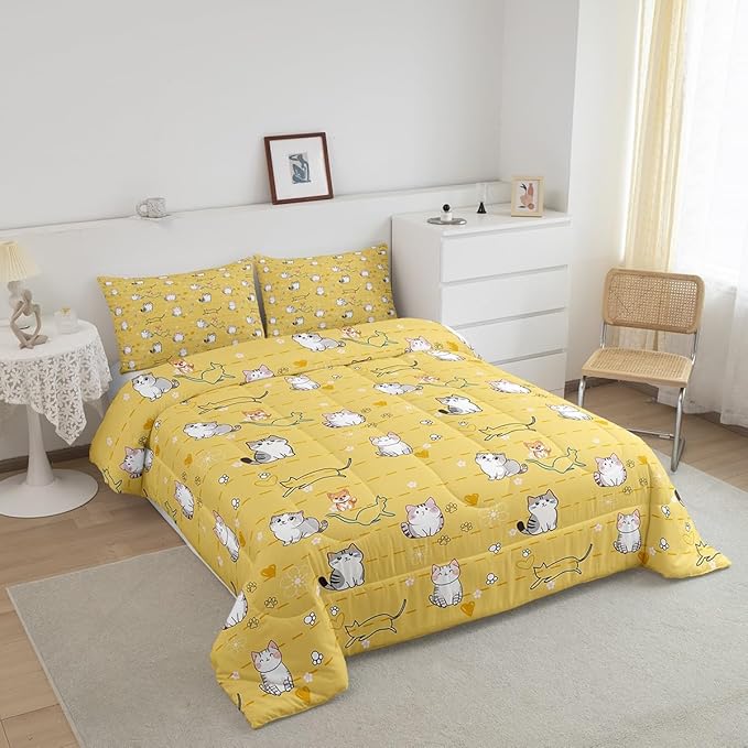 Erosebridal Cartoon Kawaii Bedding Set King Kids Cat Comforter Set, Cute Animal Down Comforter Pet Theme Bed Set, Dog Kitten Quilted Duvet Teal Love Heart Print Pet Lovers Gifts Lightweight Cozy 3pcs