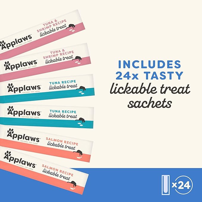 Applaws Lickable Cat Treats, Natural Grain-Free Purée, Limited Ingredient, Fish Squeeze Up Cat Treats (24 x 0.25 oz Sachets)