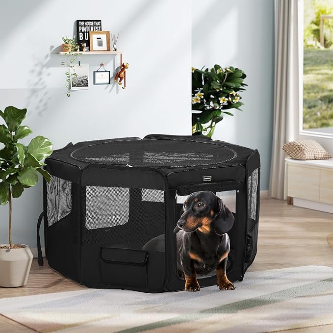 DONORO Dog Playpen Portable Pet Play Pens for Small Dog/Cat/Rabbit/Chicks, Cat Playpen Indoor/Outdoor with Carring Case, Removable Zipper Top and Bottom (Black, Extra Large (55"x55"x30"), 8)