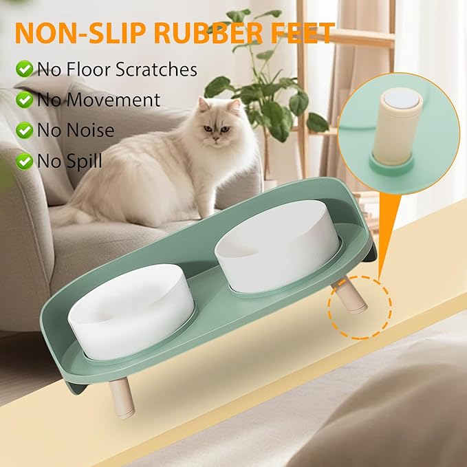 Elevated Dog Bowls Set, Ceramic Pet Food & Water Bowls with Non-Slip Stand, No Spill Design for Cats/Small Medium Dogs Green