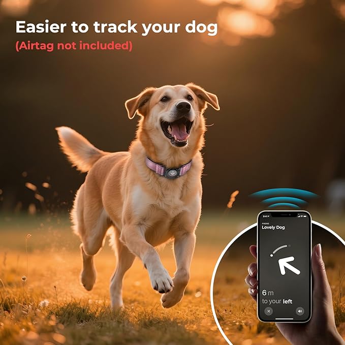 2025 Upgrade Airtag Dog Collar, Reflective Dog Collar with Airtag Holder, IP68 Waterproof| Metal Buckle| Ultra-Durable| Comfortable Padded, GPS Dog Collars for Medium Large Dogs (Pink,L)