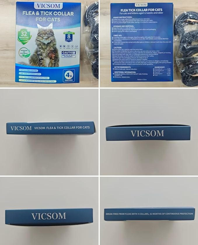 4 Pack Flea and Tick Collar for Cats, 32 Months Treatment, Waterproof Adjustable Kitten Flea Collar, Flea Prevention, Black